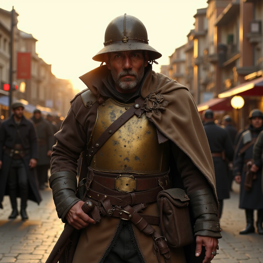 Imagine an image in the style of cinematic photorealism: A grizzled thin lanky man stands tall in a tense confrontation, his worn Ankh-Morpork City Watch uniform showing its age, with the breastplate covered in faint scratches and dirt. His sharp eyes narrow as the late afternoon sun casts a long shadow behind him, his dented helmet pulled low over his brow. His open-toe boots are planted firmly on the cobblestone street, as his hand rests on the hilt of his sword. The golden light of sunset casts a warm glow over his rugged, unshaven face, highlighting the deep lines etched by years of hard work.