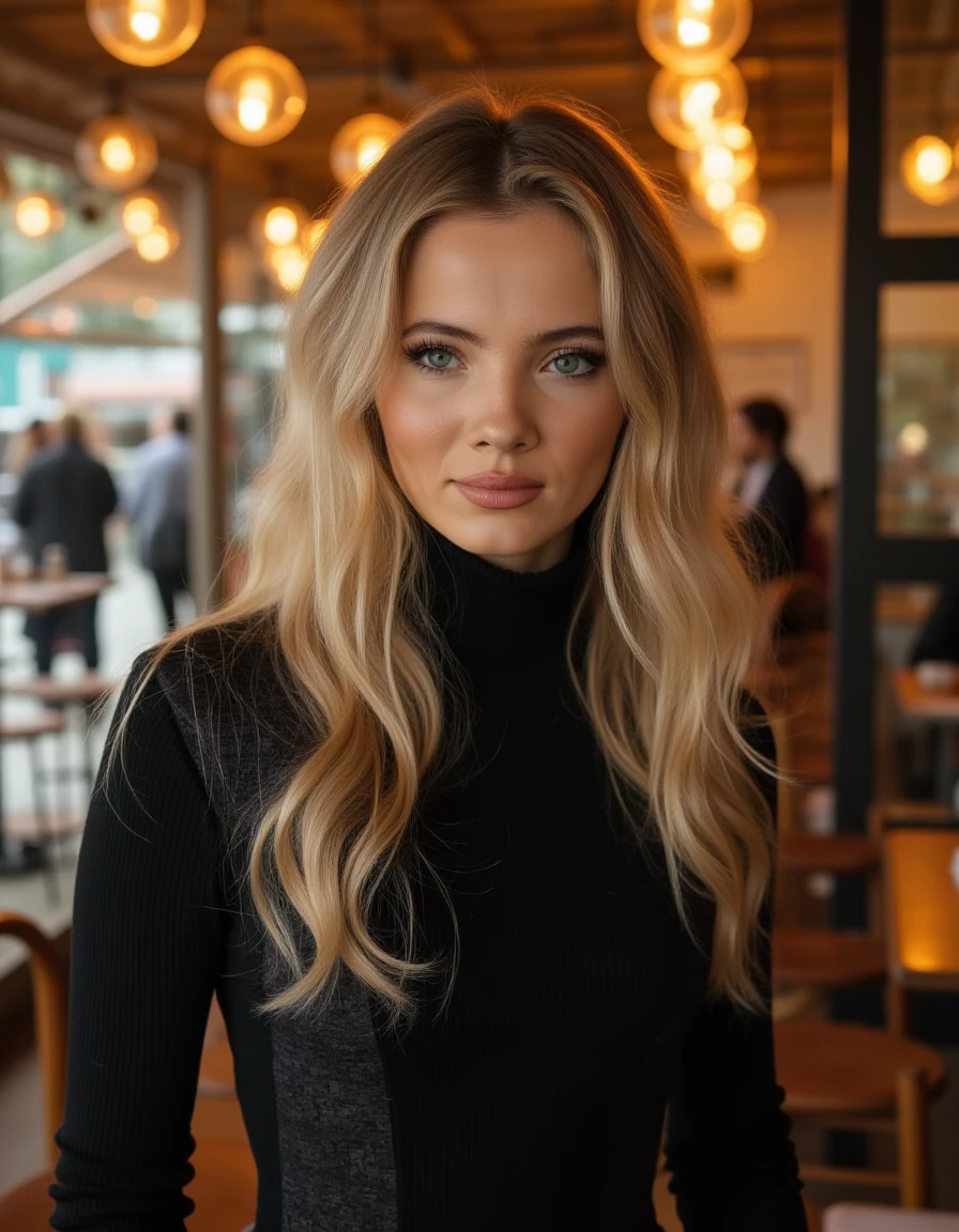 <lora:Freya_Allan_Flux_r1:1> beautiful detailed photograph,  blonde hair, wearing a turtleneck dress, standing in cafe looking at the viewer