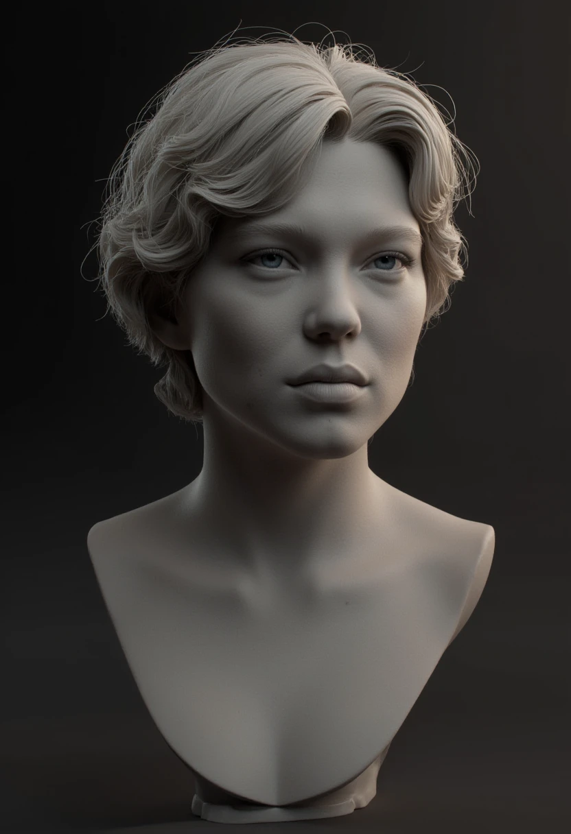 zbrush sculpture - render of a zbrush bust sculpture of Lea Seydoux with portrait perspective and grey matcap, sculpt inspired by giovanni bernini, professinal lighting, increased shadows that enforce her beauty, artstation trending sculpt