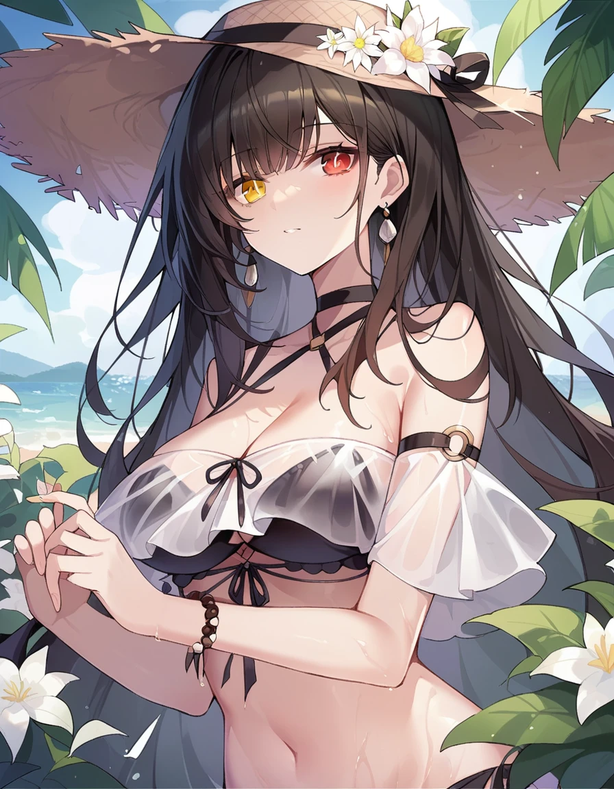 high quality, masterpiece, Super detailed, Bottom View,1 girl, Extremely detailed facial details, Miosis,fear,Kneeling on the ground,Fox ears,Black long hair, Attractive pink eyes,Orange Ocelot Costume,Large Breasts,Maid headdress,Handcuffs,Collar,zoo,Rainforest