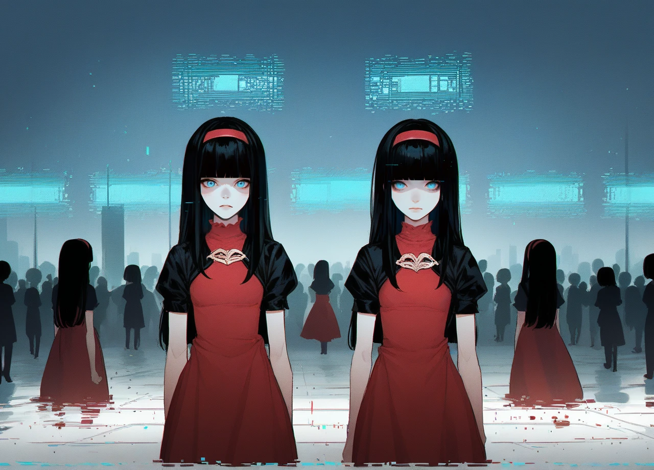 multiple girls, clones, crowd, black hair, long hair, blunt bangs, blue eyes, niern2, hairband, short puffy sleeves, red dress, glitch effect, hologram  <lora:Nier_RedGirl-PONY:0.8>, score_9, score_8_up, score_7_up, score_6_up,