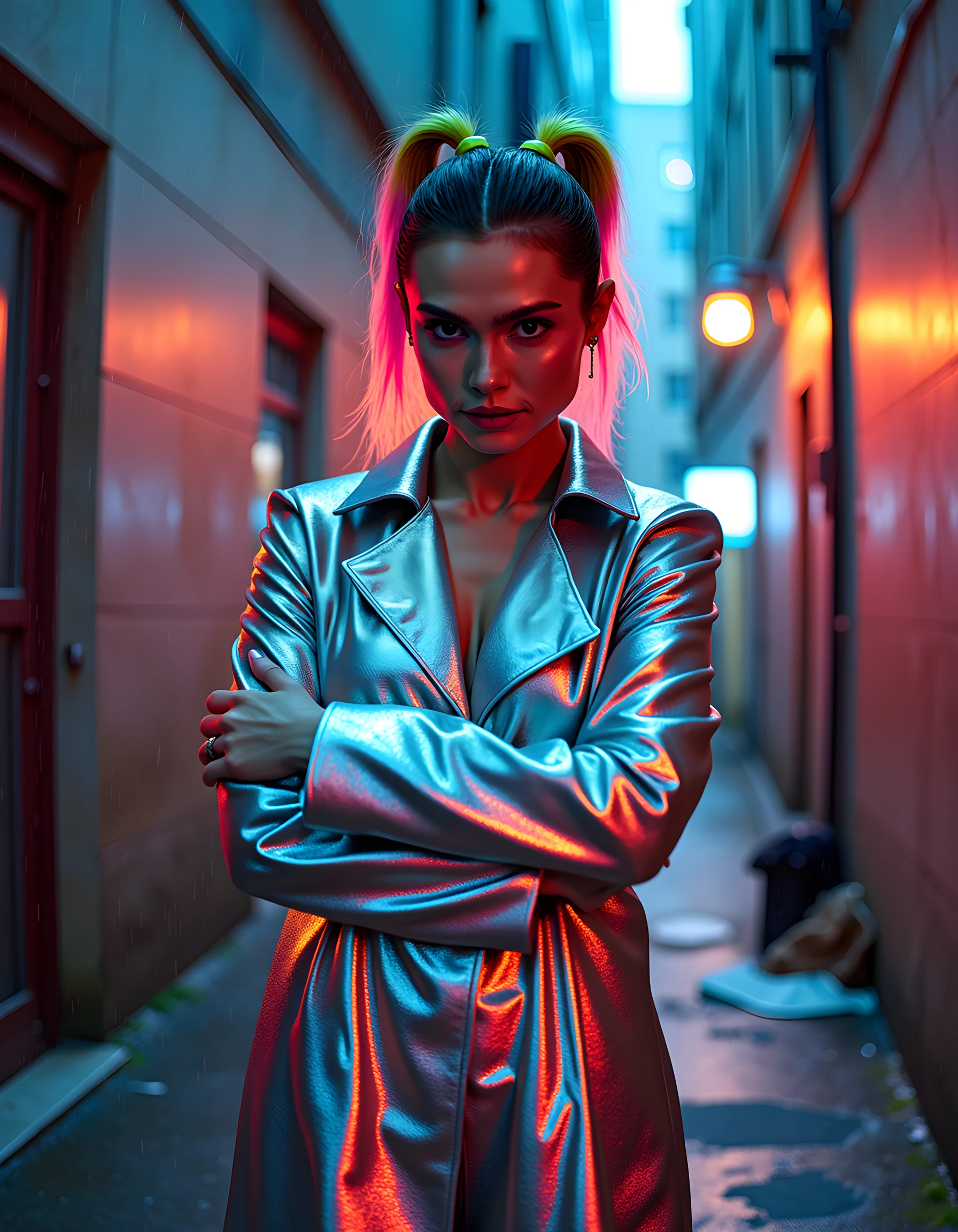 In a noir-inspired, rain-drenched urban alleyway, N1C0L3V, a woman with a striking cybernetic eye and a voluminous, neon-lit trench coat made of holographic, shimmering silver fabric that subtly shifts in color, stands defiantly against the gritty concrete backdrop. Her pose is assertive and confident as she crosses her arms over her chest, revealing intricate, glowing circuitry beneath the coat's collar. The camera angles from a low perspective, capturing the vibrant reflections of her neon-colored hair that cascades down her back, creating an emotional tone of mystery and power in this dark yet electrifying scene.