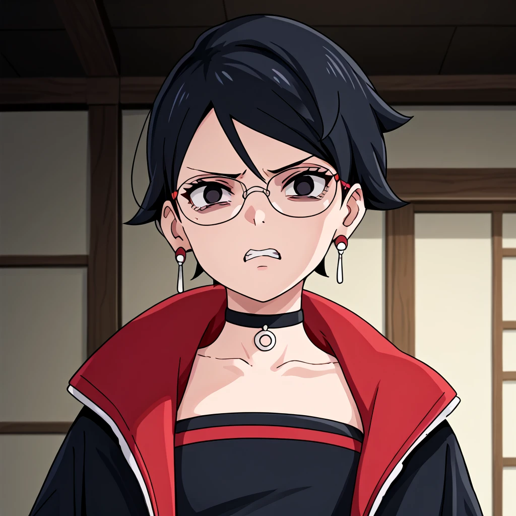 Sarada Uchiha,black hair,short hair,black eyes,glasses,earrings,choker,open jacket,upper body,disgusted face,shaded face,Anime_screencap,fake_screenshot,score_9,score_8_up,score_7_up, score_6_up, score_5_up,score_4_up,source_anime,fine anime screencap,style parody,official style,anime coloring