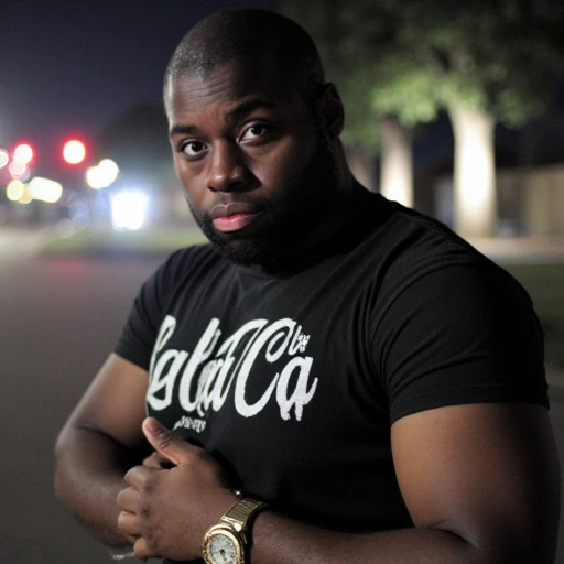 which is positioned near his neck. The lighting is bright and evenly distributed, moody atmosphere. The subject's face is the focal point, has a serious expression and is looking directly at the camera., The image is a photograph featuring a man with a serious or contemplative expression, giving it a graffiti-like appearance. The T-shirt fits snugly, possibly near a building or a monument. The man is dressed in a sleek, The image is a photograph of a dark-skinned man with a serious expression. He has a shaved head and a full beard. His eyes are wide open and looking directly at the camera, resting on his lower abdomen. The lighting is soft, though it could also be interpreted as a casual gesture.