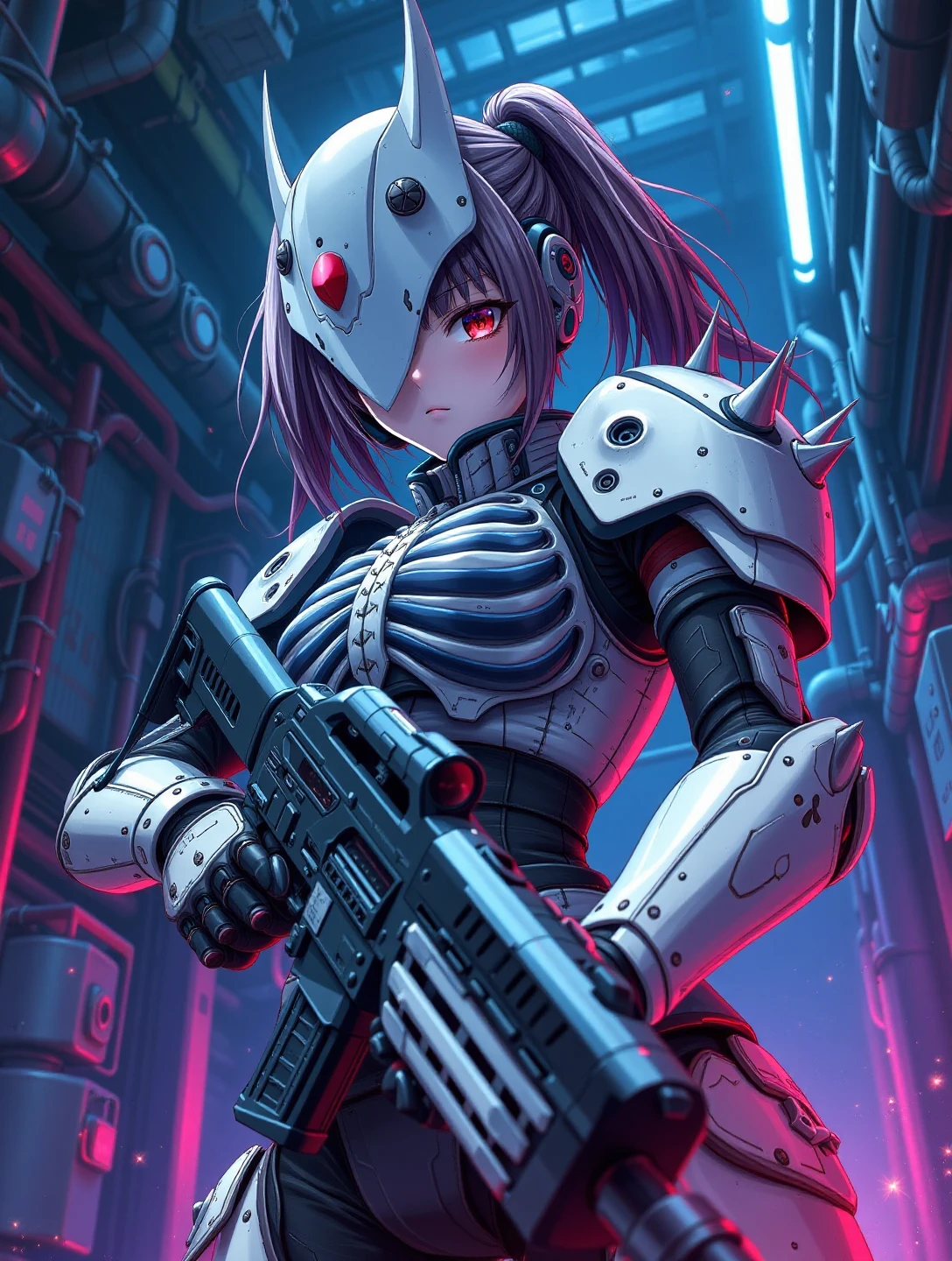 A striking image featuring a girl in death-themed powered armor, characterized by a faceless white visor and a ribcage-style cuirass. Spiked pauldrons add to her formidable presence as she holds a futuristic rifle with confidence. The scene is illuminated by dramatic blue and red contrast lighting, enhancing the intensity of the moment. The dynamic viewpoint and angle draw the viewer into the action, set against a backdrop of a cyberpunk industrial complex, filled with intricate details that enrich the atmosphere. (in Otomo Katsuhiro style:1.4), (elaborately detailed attire with extraordinary elements:1.1), (hyperdetailed:1.1), (intricate details:1.0), (Refined details:1.1), (best quality:1.1), (high resolution:1.2)