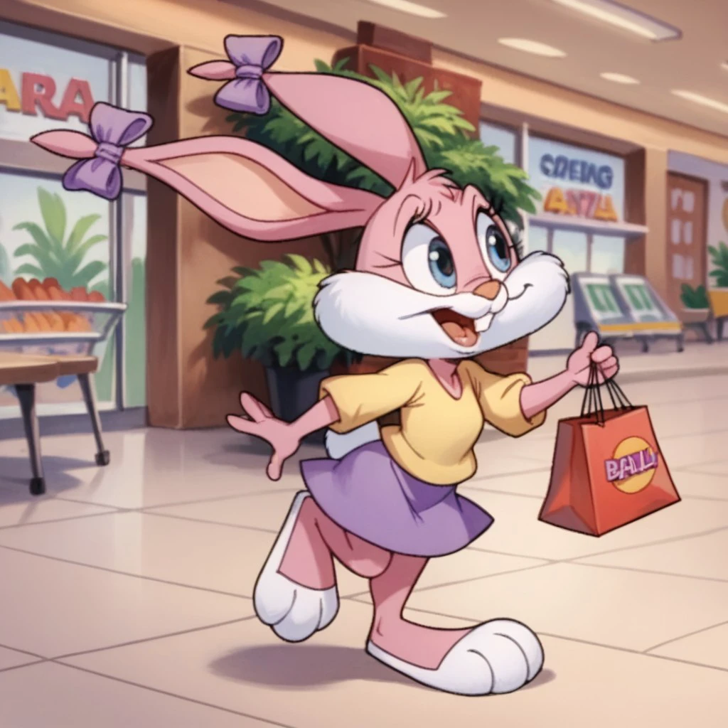 score_9, score_8_up, score_7_up, score_6_up, source_furry, babstta, anthro, female, rabbit, pink fur, purple skirt, yellow short, shopping mall, holding bags, on one leg,, <lora:8ddf2085-5172-442b-8826-456a97d242a4:0.7>