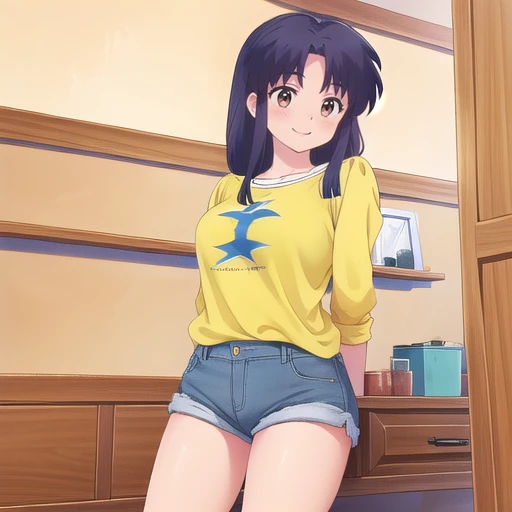 professional illustration, masterpiece, sexy, medium breasts, brown eyes, Akanechan., smile, blush<lora:Akane2024-03:0.7>, denim shorts, yellow loose blouse