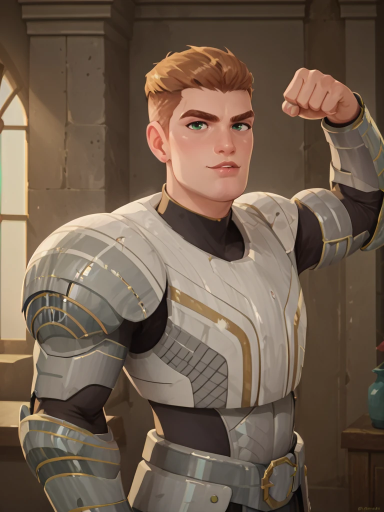 portrait of thod_sb man,  <lora:Thoddeus_Sureblade_Nimona:.8> light brown hair, short hair, green eyes, armor, seductive face, cocky, manly, flexing,, score_9, score_8_up, score_7_up, <lora:Smooth Anime 2 Style SDXL_LoRA_Pony Diffusion V6 XL:.3>   <lora:add-detail-xl:.8>  zPDXL3,