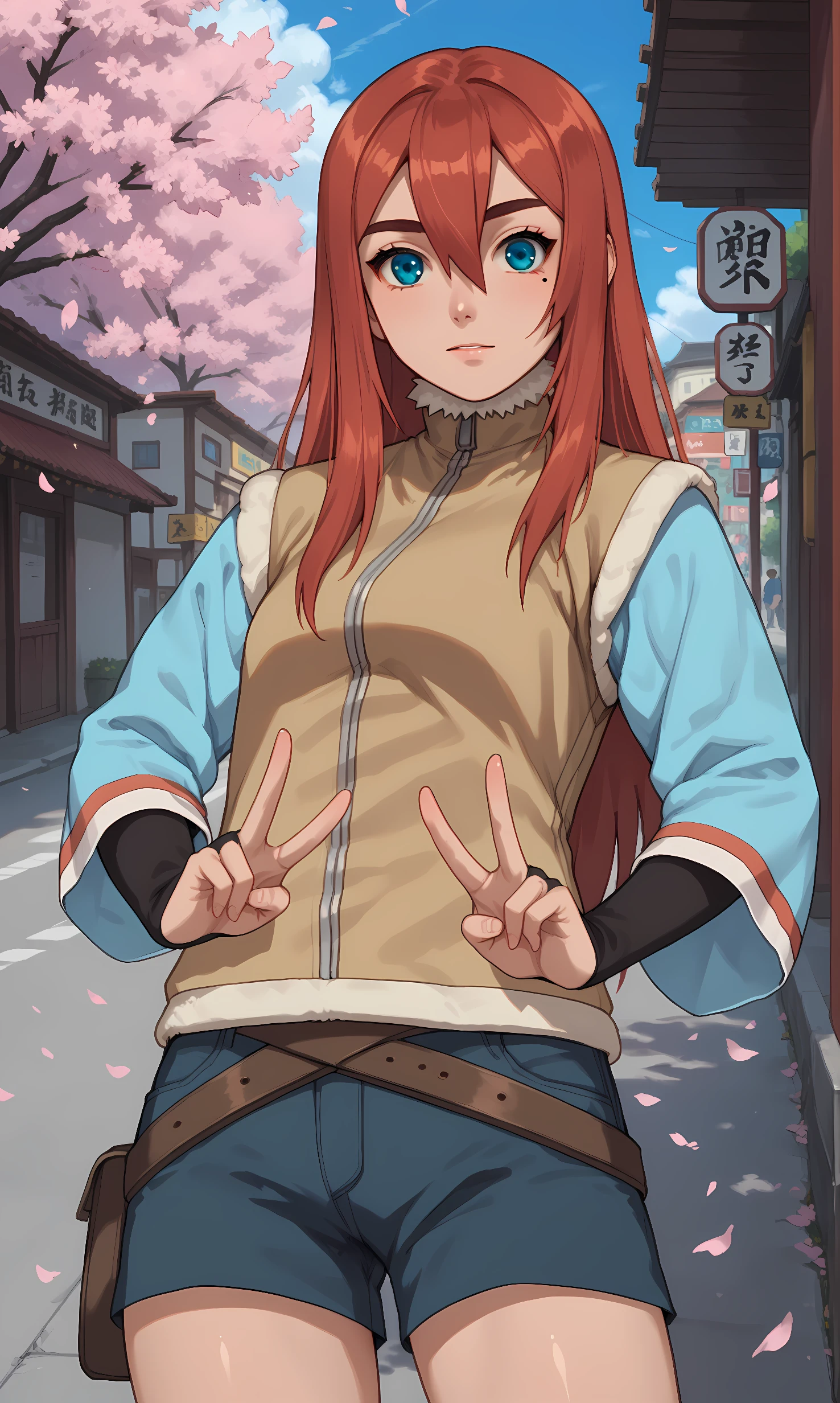 score_9, score_8_up, score_7_up, source_anime, 1girl, solo, outdoors, street, cherry blossoms, cowboy shot, standing, looking at viewer, shiny skin, amaru, blue eyes, red hair, long hair, hair between eyes, mole, mole under eye, brown vest, blue shirt, wide sleeves, long sleeves, shorts, elbow gloves, bridal gauntlets, double v, shorts belt