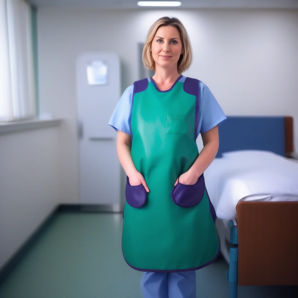 a woman wears a green medical lead apron standing in a hospital room