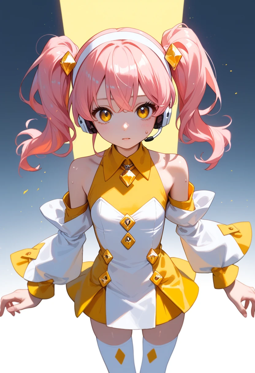 score_9, score_8_up, score_7_up, score_6_up,  anime_lineart
1girl, solo,
<lora:amulet_dia:1> amulet_dia, lock button, twintails, medium hair, pink hair, yellow eyes, hairband, thighhighs, yellow and white dress, headset, white hairband, long sleeves, diamond (shape), white dress, detached sleeves, double yellow diamond (shape) jewel on hairband
sweat,  shiny skin,