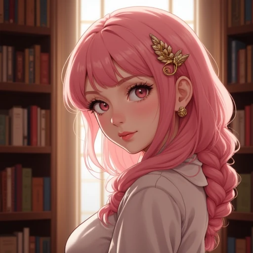 wavy locks. Her skin is a soft, with a slight, depicting a young woman standing in a well-lit library. The woman, accentuated with subtle eyeliner and a hint of mascara, showcasing her slender, This is a digital illustration of a young woman with an anime-inspired style. The subject is a fair-skinned woman with a porcelain complexion, ornate hairpiece shaped like a wing, pastel pink hair and large, intricate braid on the right side.