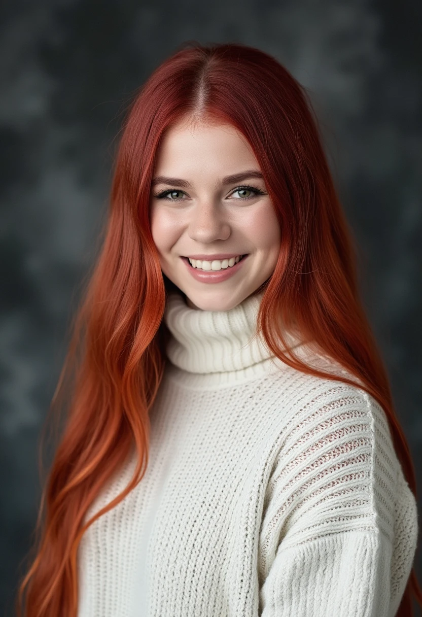 A professional portrait photo of trusova, a woman. She is smiling, showing her teeth. She is wearing a white knit turtleneck sweater. The background is blurry and shows a dark gray professional photo studio canvas.