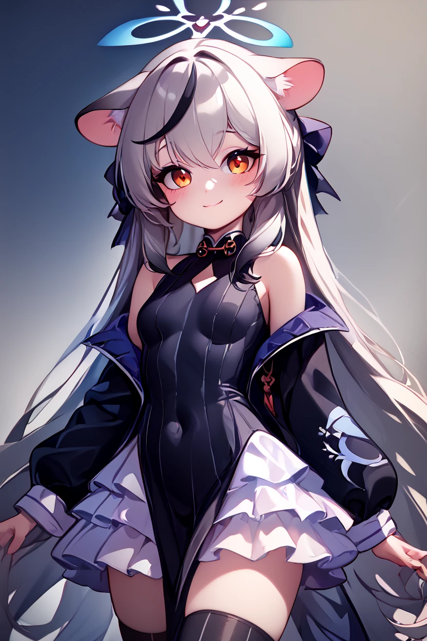 score_9, score_8_up, score_8, medium breasts, (curvy), cute, eyelashes, BREAK, , ,,, zzKokona, grey hair, long hair, multicolored hair, animal ears, streaked hair, black hair, halo, very long hair, tiger ears, orange eyes, black dress, black jacket, black socks, long sleeves, pelvic curtain, sneakers, vertical-striped clothes, diamond cutout, off shoulder, white skirt , ,<lora:Kokona_BlueArchive_PDXL_v3:0.8>, ,,,, BREAK, closed mouth, alternate costume, smile, looking at viewer, blush, ,,, zzLFashion, frilled dress, frills, bow, dress, striped thighhighs, sweetL, cowboy shot, ,,, embedding:zPDXL, Expressiveh, ,,, <lora:Vivid:0.7>, <lora:LFashionPDXL:1>, <lora:Uncensored_PonyXL_cpt_v02.09:0.4>, <lora:Expressive_H-000001:0.4>,