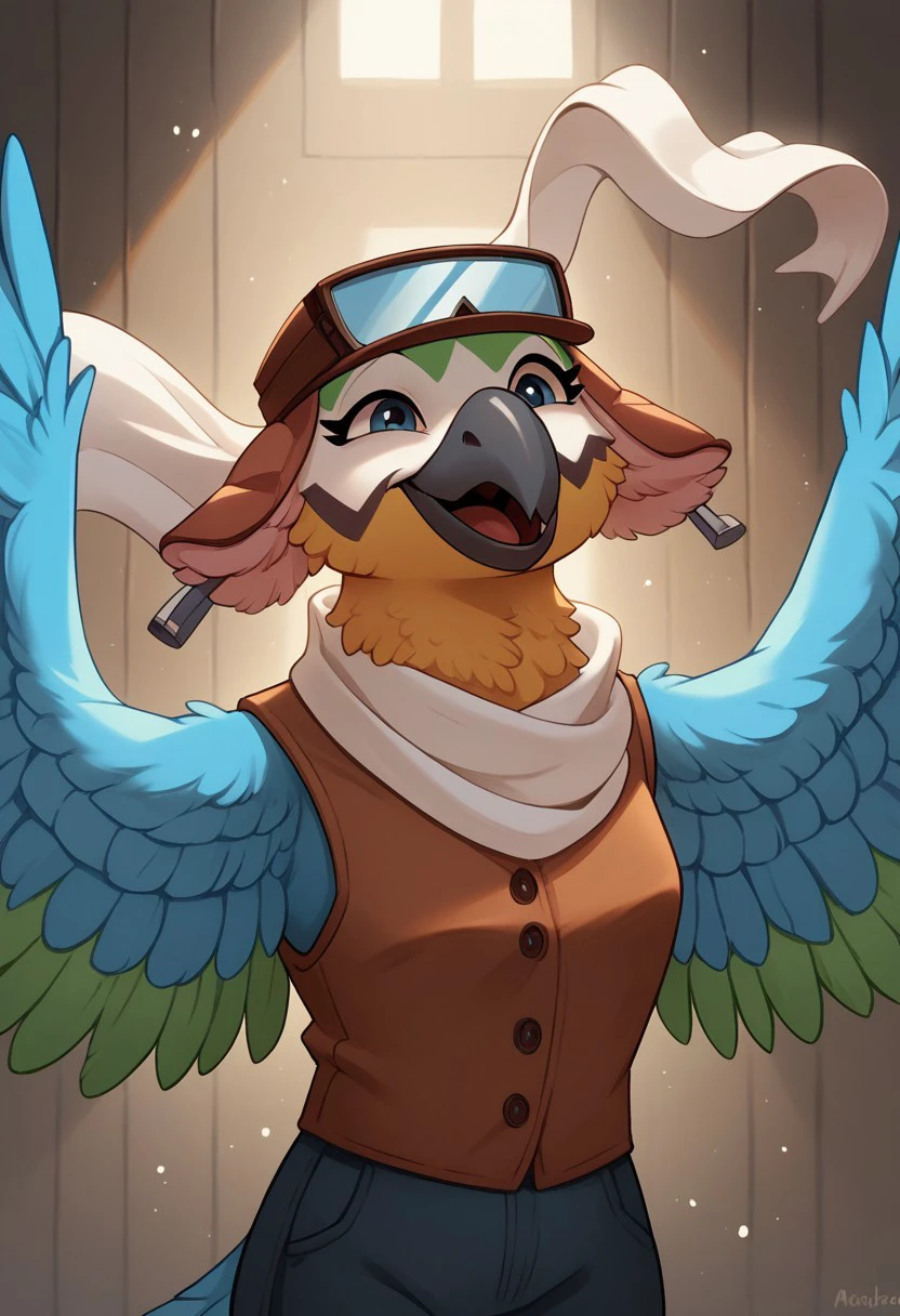 score_9, score_8_up, score_7_up, score_6_up, score_5_up, score_4_up, standing, hangar, 1girl, Mollie Macaw, bronze vest, white scarf, wings