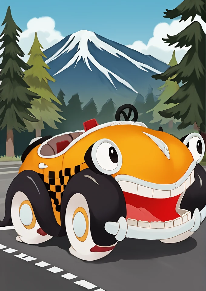 score_8_up, score_7_up, illustration, source_manga, rating_safe, r3tr0XLP ,<lora:r3tr0XLP:0.7>, b3NnyC4b, benny, cartoon car, cartoon taxi, large eyes, headlight eyes, grill mouth, happy expression, yellow cab, steering wheel, checkered pattern, white tires, flat tires, no driver,   <lora:Benny_The_Cab_-_Who_Framed_Roger_Rabbit_1988_-_Pony-000008:1>, break,  (in the countryside with trees and mountains, :1.2)