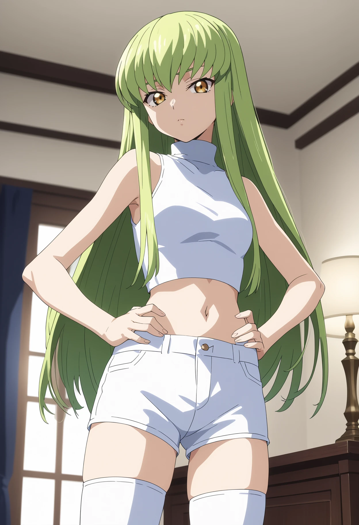 score_9, score_8_up, score_7_up, anime screencap BREAK,
1girl, c.c., bangs, green hair, long hair, yellow eyes,
bare shoulders, white sleeveless turtleneck crop top, white shorts, thighhighs, midriff, navel, 
hands on hips, looking at viewer, indoors, bedroom background, <lora:CCPDXL_byKonan:1>