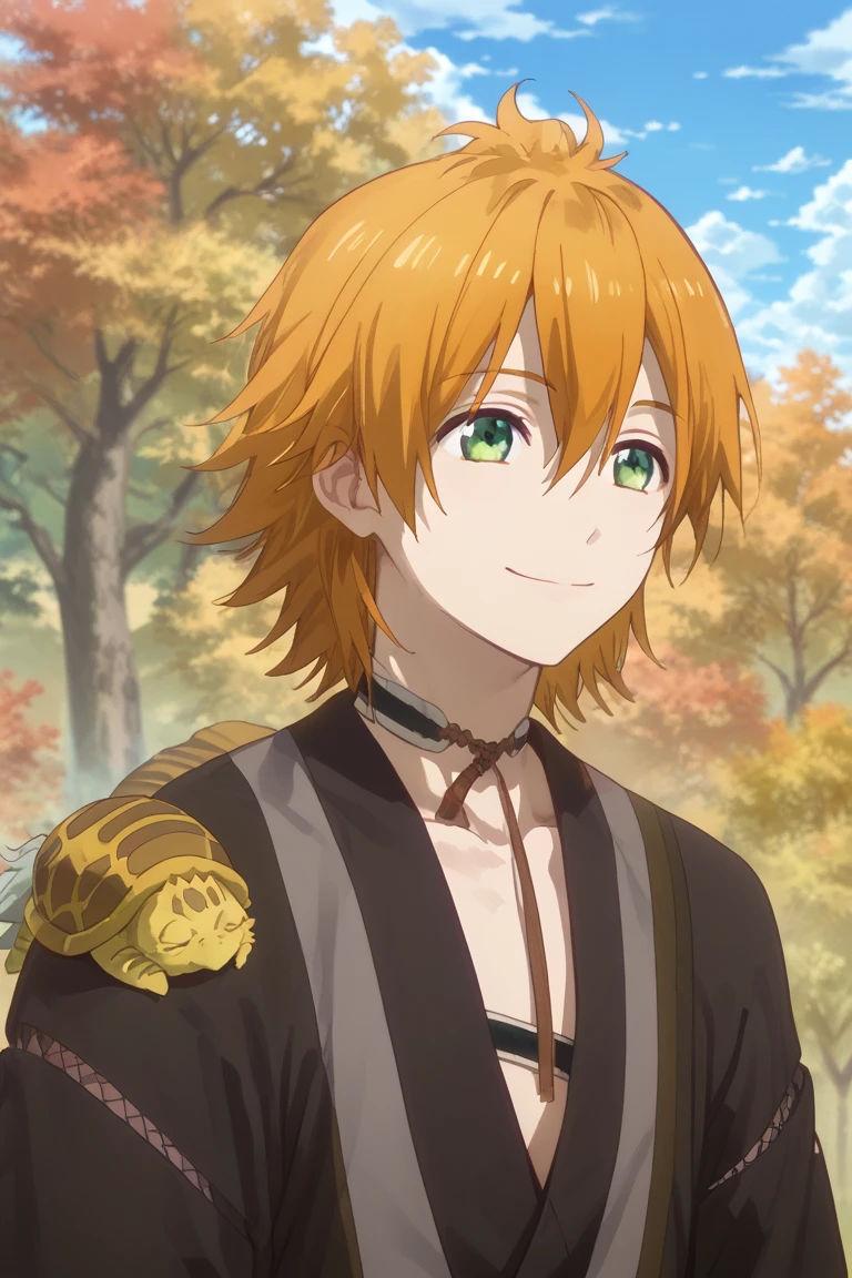 score_9, score_8_up, score_7_up, score_6_up, urashima kotetsu, green eyes, hanamaru style, male focus, 1boy, animal on shoulder, orange hair, sky, tree, smile, japanese clothes, day, cloud, turtle, blue sky, upper body, outdoors