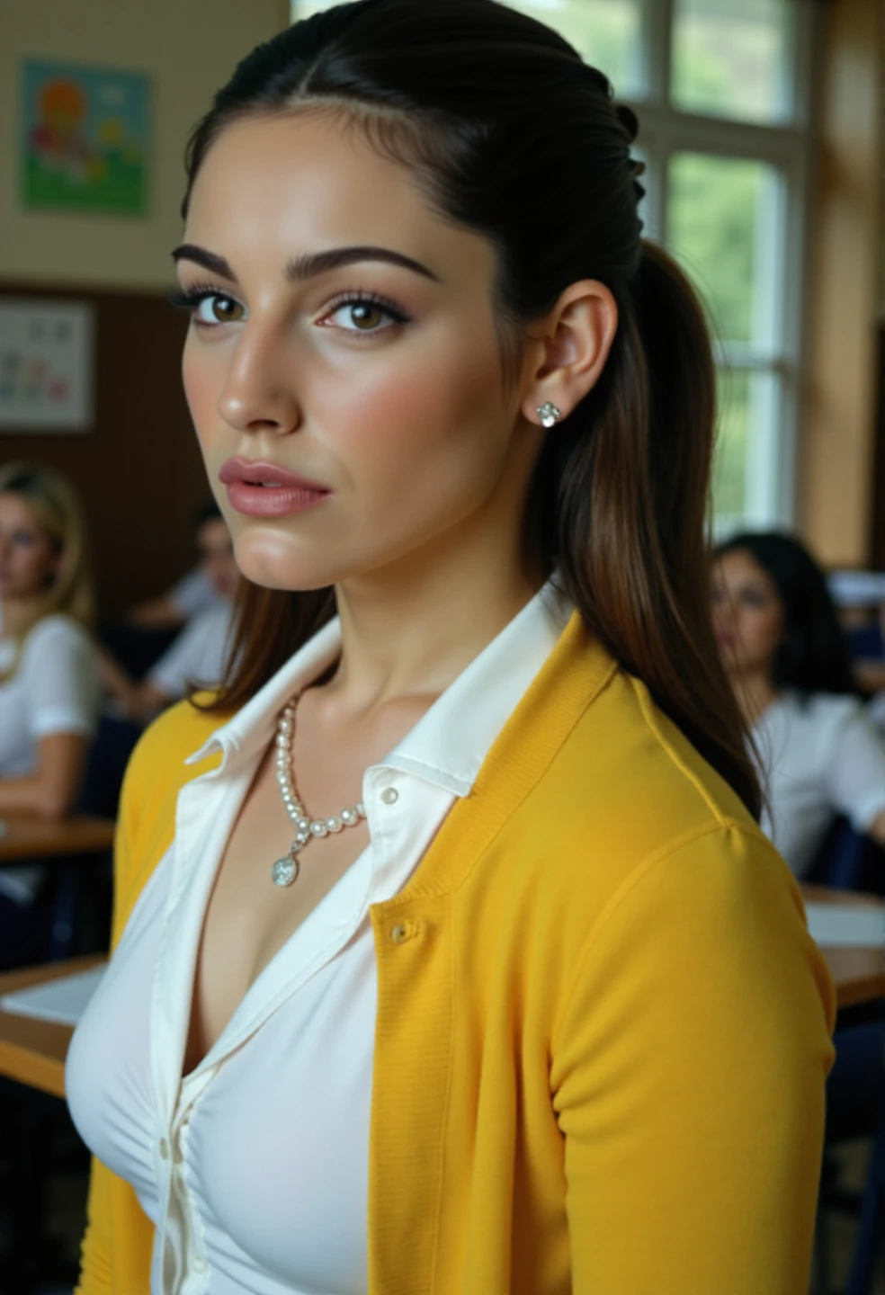 Professional photograph of a slim 20yo woman ((K3LLY8R00K2)), wearing a white blouse with a lemon yellow cardigan and pearls, soft lighting, jewelry, in a traditional school classroom, no audience, Hogwarts, pale skin, light brunette hair, detailed skin, bokeh, female focus, fun pose, cleavage<lora:Kelly_Brook:0.9><lora:Ultra_Skin_DetailerStyler:0.8>