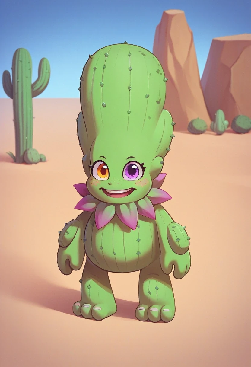 Barrb_MSM, solo, standing, full body, teeth, no humans, green skin, digimon (creature), cactus, heterochromia, yellow-orange eyes, purple eyes, freckles