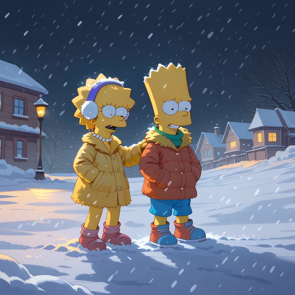 score_9, score_8, score_7, parody, break, cute, male child, female child, bartlisa_t, (1boy, bart), (1girl, lisa, necklace), yellow skin, puffer coat, earmuffs, snowing, snow, natural lighting