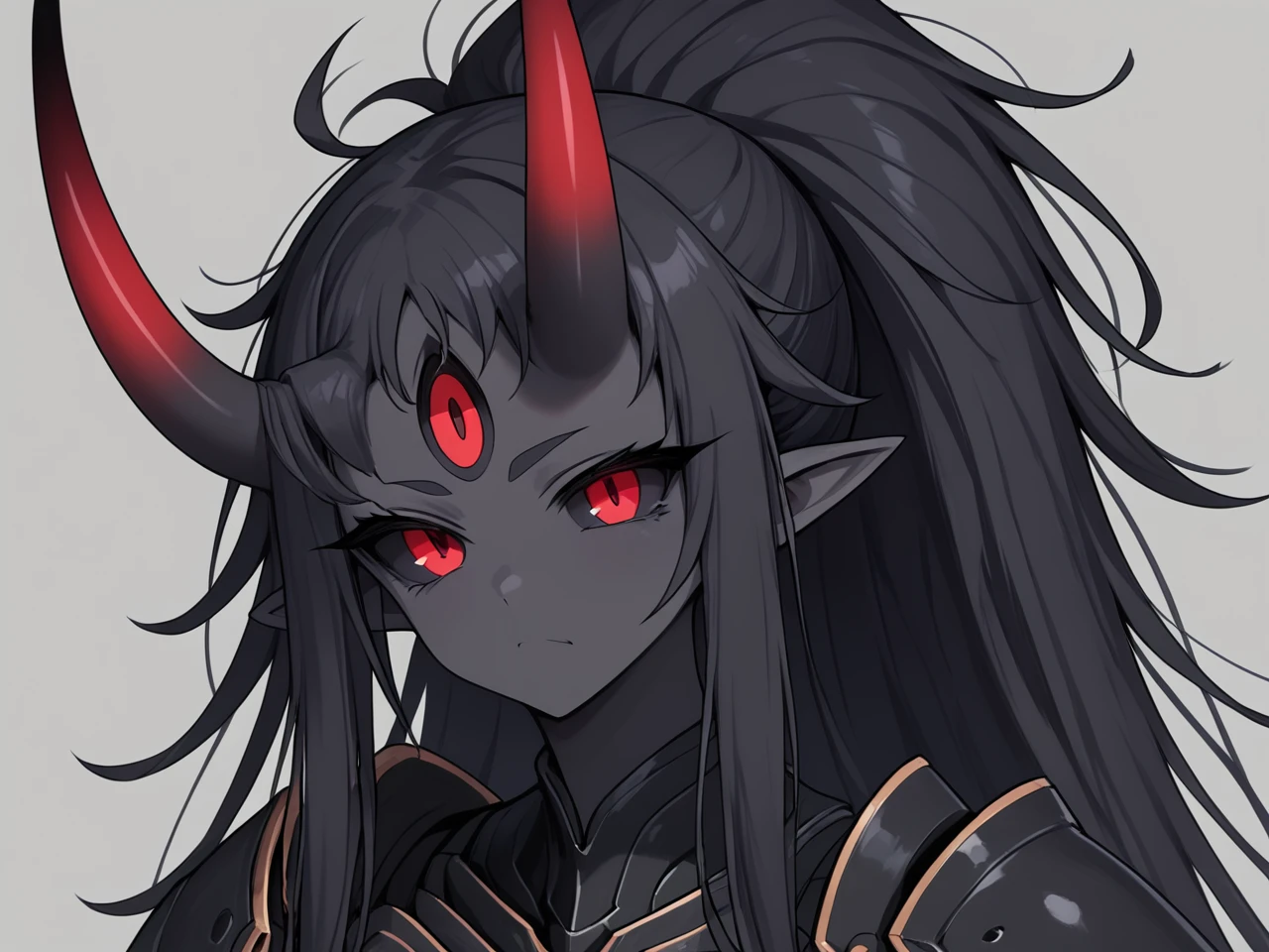 score_9, score_8, score_7, score_6, (masterpiece), best quality, expressive eyes, perfect face,  ((te'kharoth, third eye, tail, horns), 1girl, armor, red eyes, (black hair, long hair, thick hair, messy hair, ponytail hair)