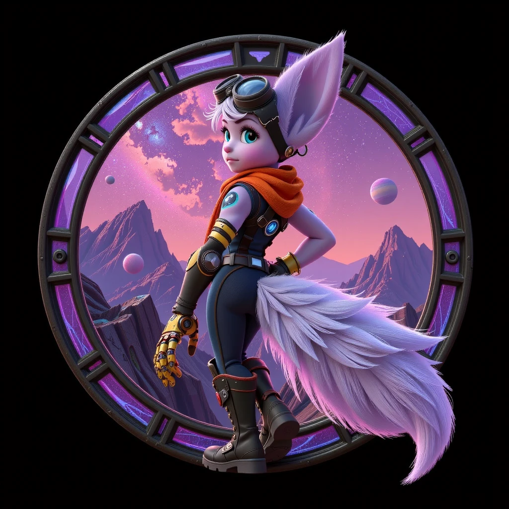 Stained glass style CGI rendering of a female anthropomorphic character,from_behind,ass,  Ratchet & Clank: Rift Apart, with light purple fur, , and white hair styled in a side part.Lombax,Rivetka,  and has goggles perched on her head. The background is a solid black, and the lighting is soft and even. The character has a confident and friendly expression,  The image is high quality and detailed. looking_back, blue_eyes, bodysuit, orange_scarf, mechanical_arm, boots,   <lora:rivetkajoy1024:0.8> <lora:alien_landscape_flux:0.7> mountains,alien_planet,  rocks, sky, milky way,, hologram floating in space, a vibrant digital illustration, dribbble, quantum wavetracing, black background, behance hd . Vibrant, beautiful, translucent, intricate, detailed