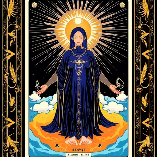 A (super cool tarot card:1.3) design featuring a (mystical figure:1.2) surrounded by (symbolic elements:1.4), vibrant colors, intricate patterns, and (celestial motifs:1.3), capturing a sense of (mystery:1.1) and (enchantment:1.2), inspired by the styles of (Alphonse Mucha:1.4) and (Lisa Frank:1.3), detailed illustrations, ethereal glow