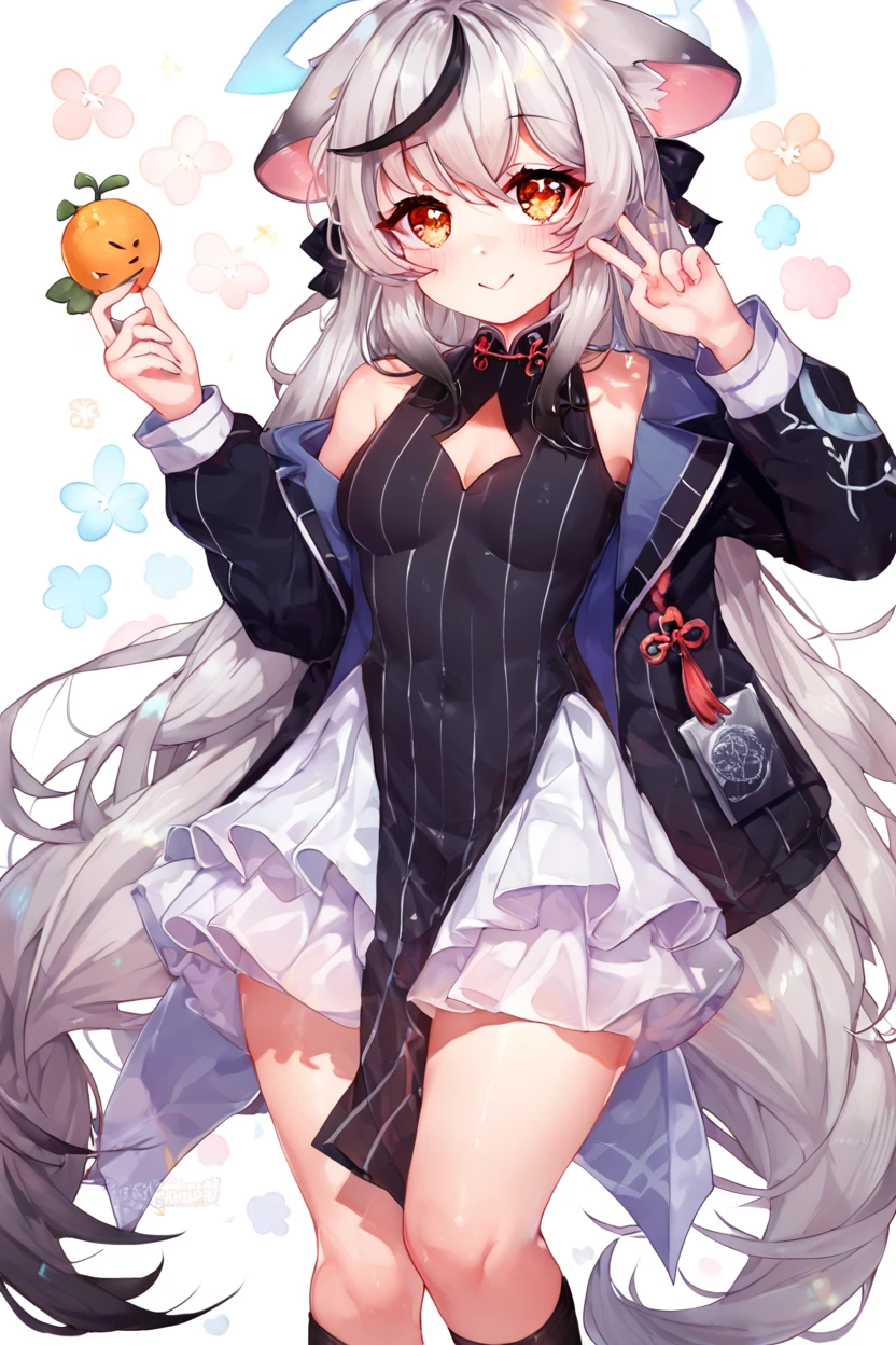 score_9, score_8_up, score_8, medium breasts, (curvy), cute, eyelashes, BREAK, , ,,, zzKokona, grey hair, long hair, multicolored hair, animal ears, streaked hair, black hair, halo, very long hair, tiger ears, orange eyes, black dress, black jacket, black socks, long sleeves, pelvic curtain, sneakers, vertical-striped clothes, diamond cutout, off shoulder, white skirt , ,<lora:Kokona_BlueArchive_PDXL_v3:0.8>, ,,,, BREAK, smile, closed mouth, looking at viewer, cowboy shot, ,,, embedding:zPDXL, Expressiveh, ,,, <lora:Puppypaww_Style_PDXL_v2:0.8>, <lora:SDXLFaeTastic2400:0.5>, <lora:Expressive_H-000001:0.4>,