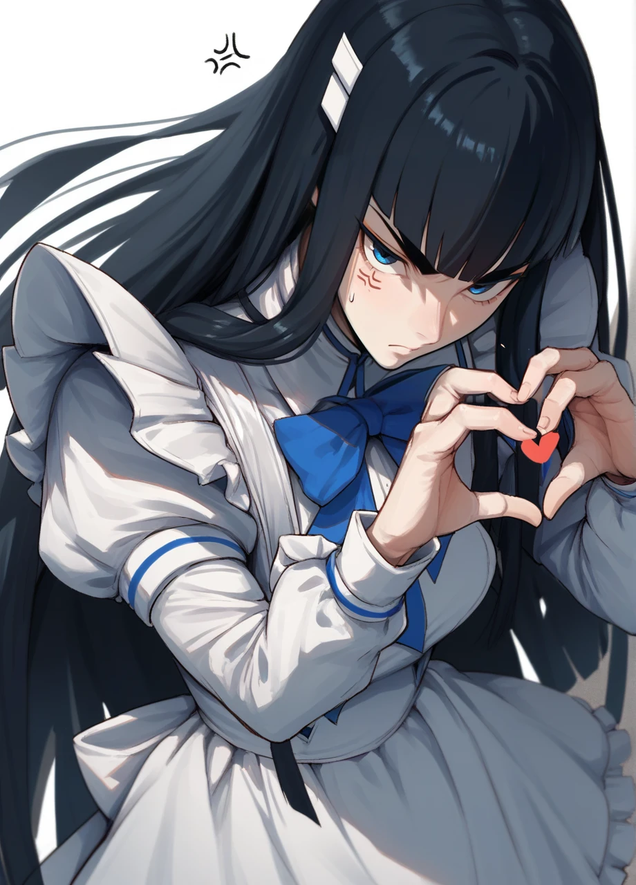 1girl, solo, black hair, very long hair, blunt bangs, blue eyes, kiryuuin satsuki, cowboy shot, white background, maid outfit, frills, puffy sleeves, heart hands, anger  <lora:KLK_Satsuki-PONY:0.7>, score_9, score_8_up, score_7_up, score_6_up,