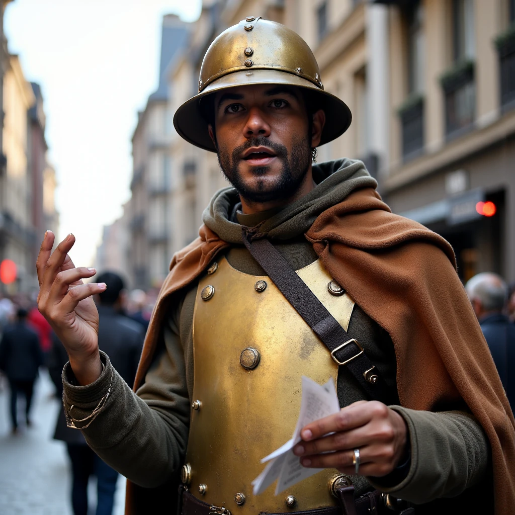 Imagine an image in the style of cinematic photorealism: A tall, lean man stands on a busy street corner, wearing a pristine Ankh-Morpork City Watch uniform with a gleaming breastplate. His expression is fervent and intense as he holds a religious pamphlet in one hand, gesturing passionately with the other. His sharp, focused eyes scan the crowd, his posture straight and rigid with a sense of duty. His kettle helmet is perfectly polished, reflecting the bright midday sun as he delivers a forceful sermon to passersby, every word filled with conviction. His watch uniform is immaculate, but his true passion seems to lie in his proselytizing, as he continues to preach with unwavering dedication.