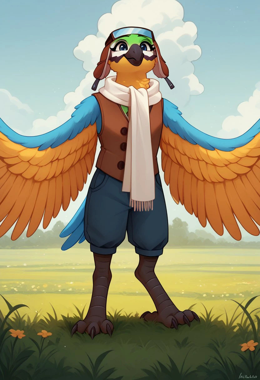 score_9, score_8_up, score_7_up, score_6_up, score_5_up, score_4_up, standing, field, 1girl, Mollie Macaw, bronze vest, white scarf, wings, full body view, wings as arms