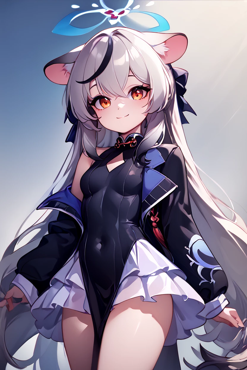 score_9, score_8_up, score_8, medium breasts, (curvy), cute, eyelashes, BREAK, , ,,, zzKokona, grey hair, long hair, multicolored hair, animal ears, streaked hair, black hair, halo, very long hair, tiger ears, orange eyes, black dress, black jacket, black socks, long sleeves, pelvic curtain, sneakers, vertical-striped clothes, diamond cutout, off shoulder, white skirt , ,<lora:Kokona_BlueArchive_PDXL_v3:0.8>, ,,,, BREAK, closed mouth, smile, looking at viewer, zzLFashion, cowboy shot, ,,, embedding:zPDXL, Expressiveh, ,,, <lora:Vivid:0.7>, <lora:LFashionPDXL:1>, <lora:Uncensored_PonyXL_cpt_v02.09:0.4>, <lora:Expressive_H-000001:0.4>,