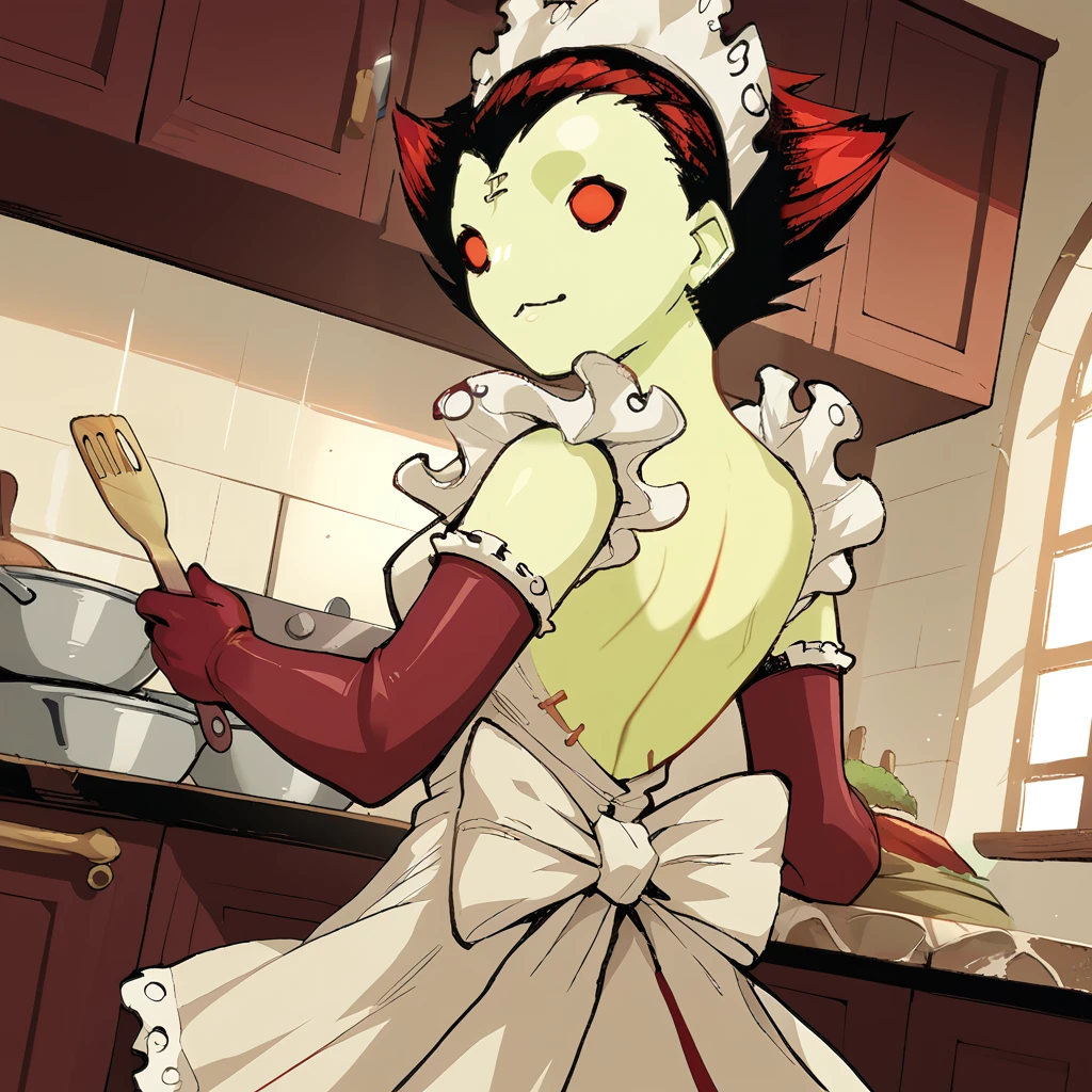 score_9, score_8_up, score_7_up, source_anime, steampunk kitchen, spatula, 1girl, <lora:Miss Notch:1> Miss Notch, green skin, apron, maid headdress, elbow gloves, looking at viewer, from behind, looking back,