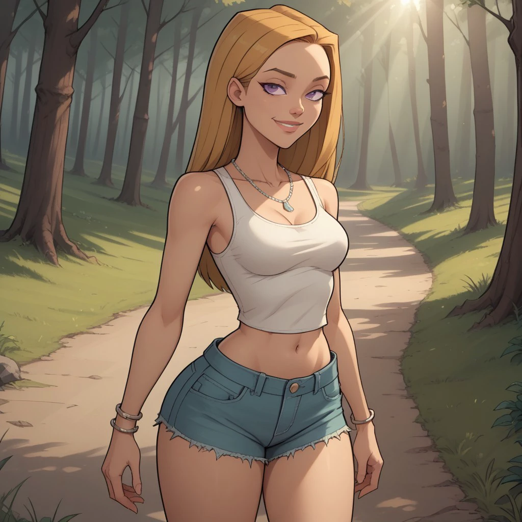 score_9, score_8, BREAK, solo, white tanktop, navel, denim shorts, bracelets, necklace, lips, Purple eyes, blonde hair, beige footwear, breasts, total drama, Julia_(Total_Drama), sexy pose, smile, outdoors, sunlight, shadows, evening lighting, natural lighting, forest, trees, grass, orange sky, sunset