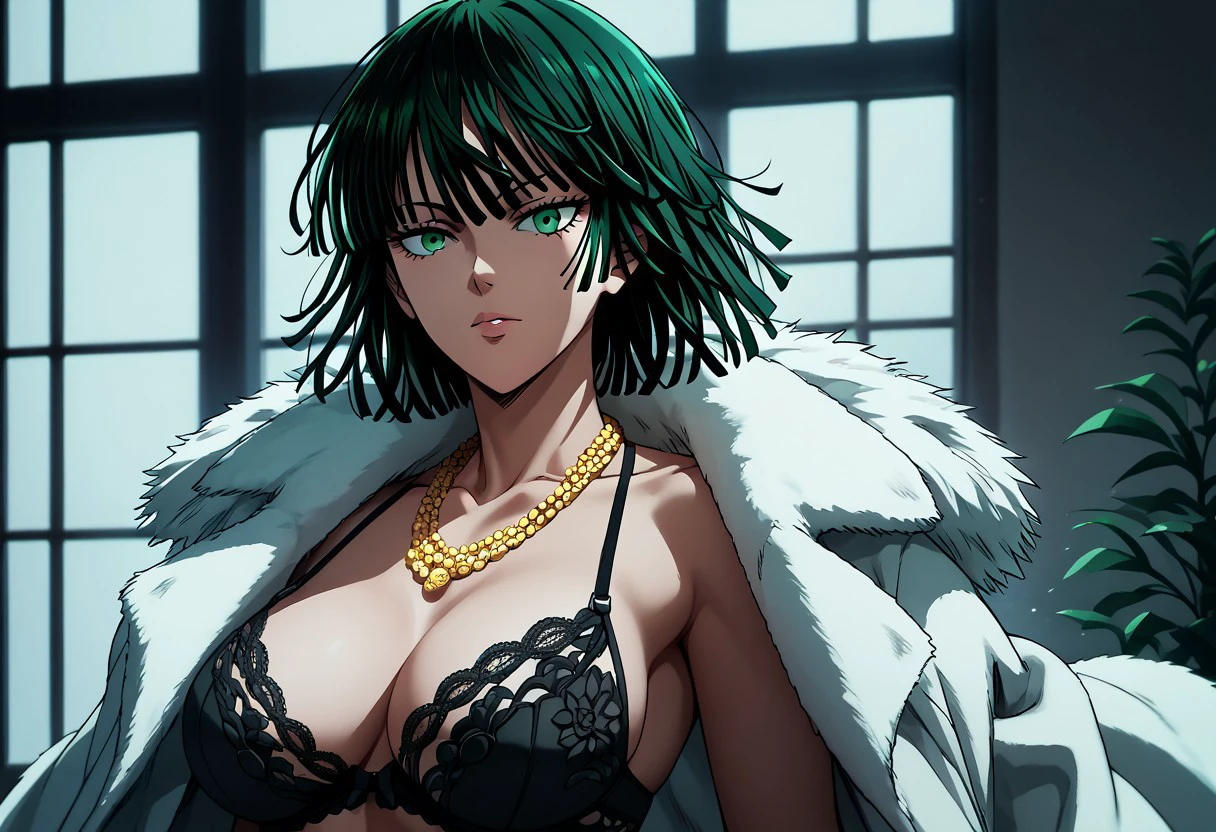 score_9, score_8_up, score_8, score_7_up, score_7, score_6_up, score_6, score_5_up, Score_5, rating_questionable, sexy girl, 1girl, fubuki ,beautiful face, intricate details, big breast, gold necklace, black lingerie ,  white fur coat ,beautiful face , intricate details, fubuki ,sexy pose, intricate details , one punch man , close up