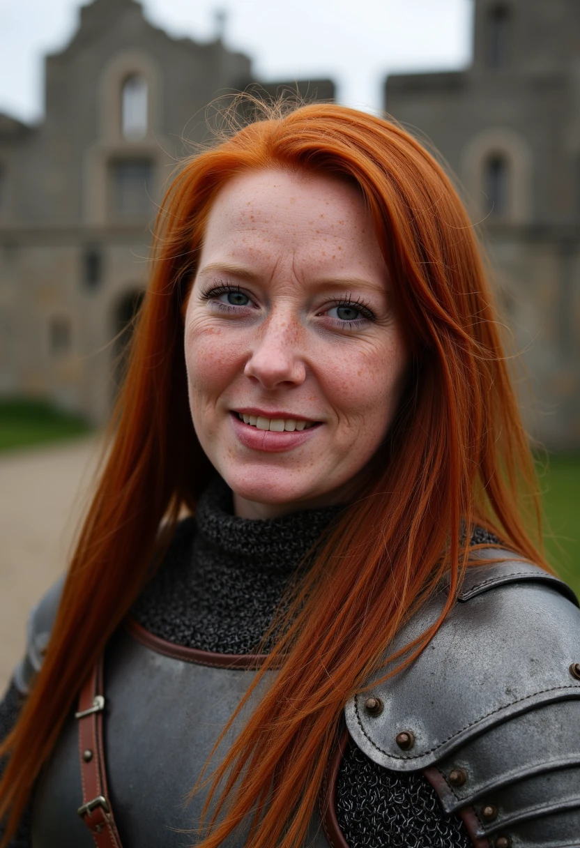 8k HDR Raw Photo of a middle aged woman with red hair and freckles. wearing medieval chainmail armor in front of an ancient medieval ruins