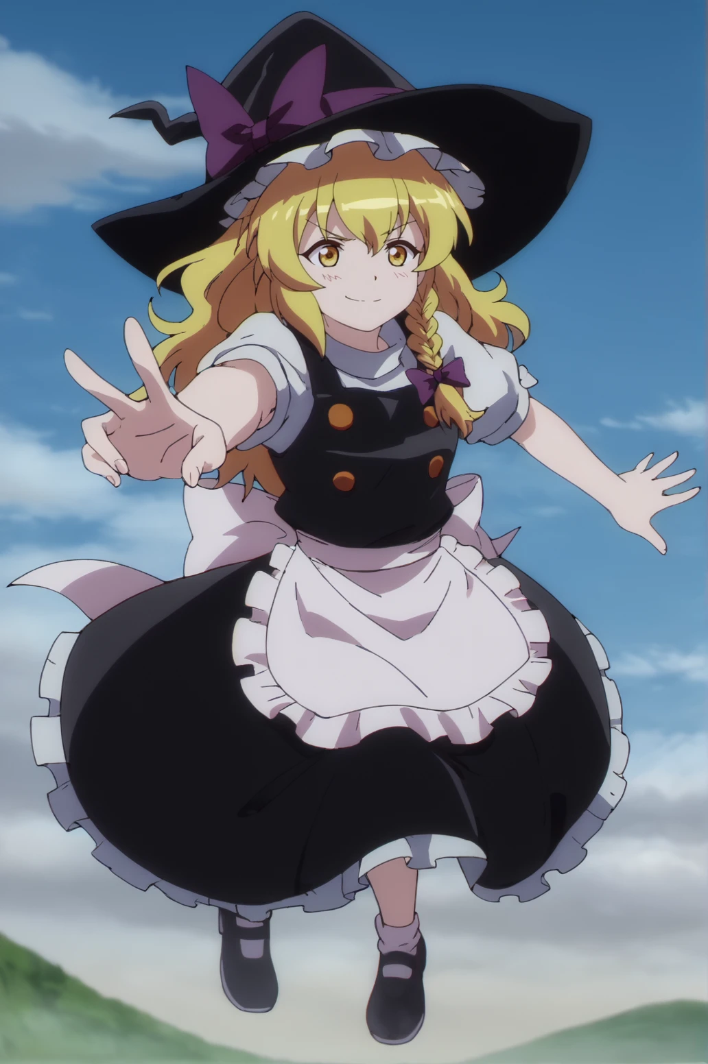 score_9, score_8_up, score_7_up,anime_source, source_anime, best background, detailed background, anime screencap,  Marisa, apron, light smile, seductive smile, blush, bow, hat, hat bow, solo, waist apron, witch hat, flying, v fingers, victory fingers, dynamic pose, :p, cloud, sky, on air, fly, <lora:Kirisame_Marisa:0.8> <lora:JN_Arknights_Anime_Artstyle:0.8>