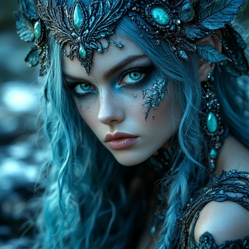 pastelgoth The image is a highly detailed, ethereal woman with an otherworldly appearance. She has long, almost magical appearance., glowing blue, intricate makeup in shades of blue and teal., shimmering crystals. Her piercing, almost translucent quality