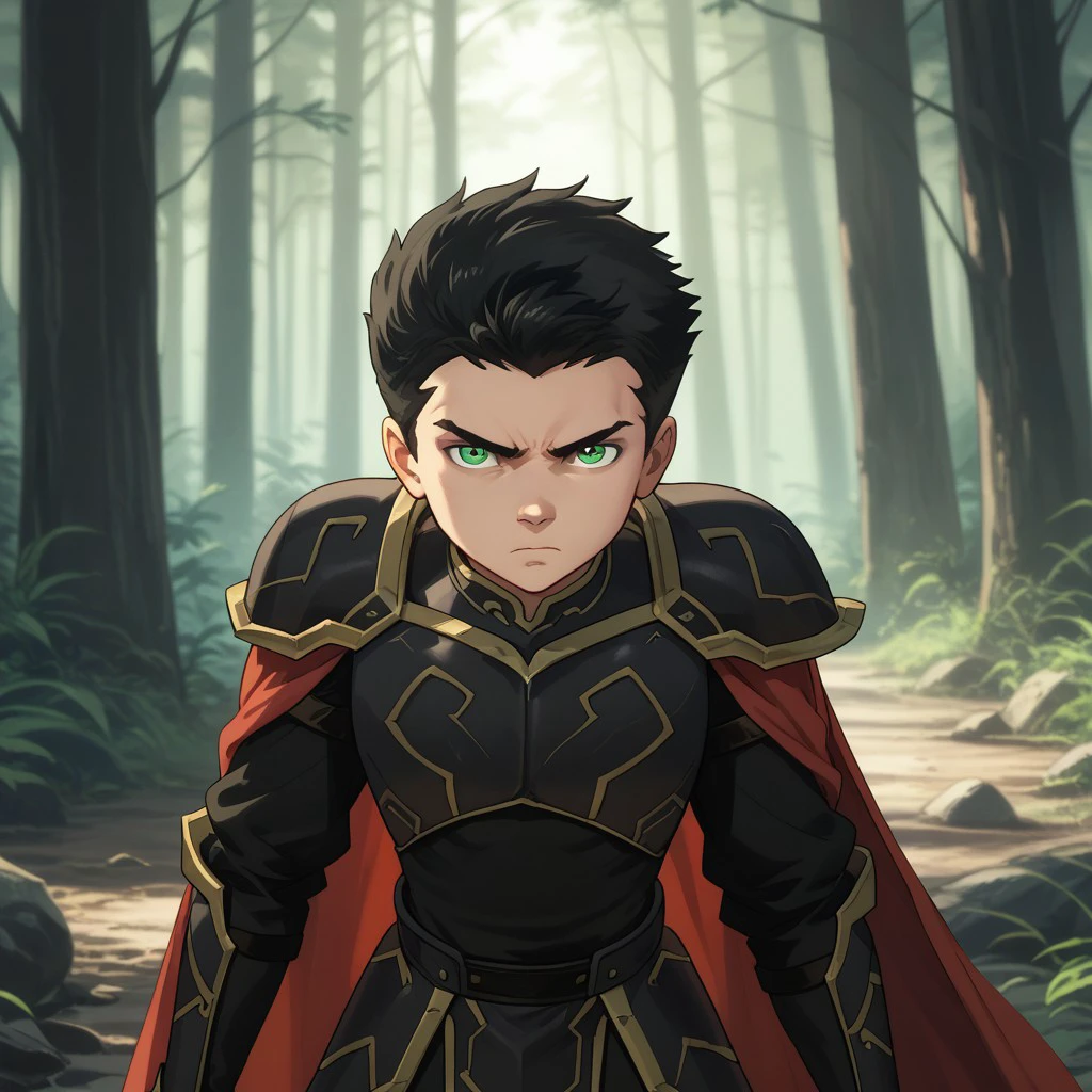 score_9, score_8, score_7, break, solo, Damian_w, 1boy, black hair, short hair, green eyes, armor, cape, looking at viewer, scowl, forest, natural lighting,