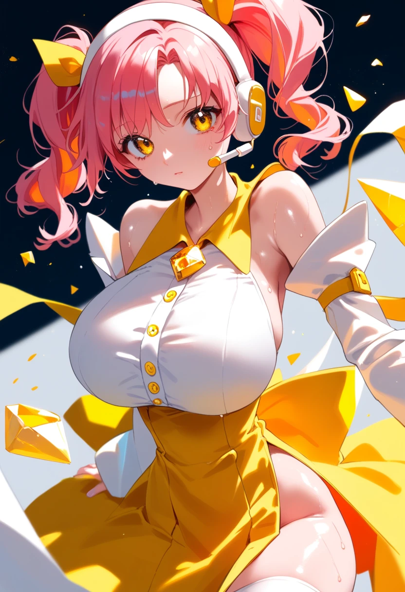 score_9, score_8_up, score_7_up, score_6_up,  <lora:hindenburg2:0.8>,anime_lineart
1girl, solo,
<lora:amulet_dia:1> amulet_dia, lock button, twintails, medium hair, pink hair, yellow eyes, hairband, thighhighs, yellow and white dress, headset, white hairband, long sleeves, diamond (shape), white dress, detached sleeves, double yellow diamond (shape) jewel on hairband
huge breasts,
sweat,  shiny skin,