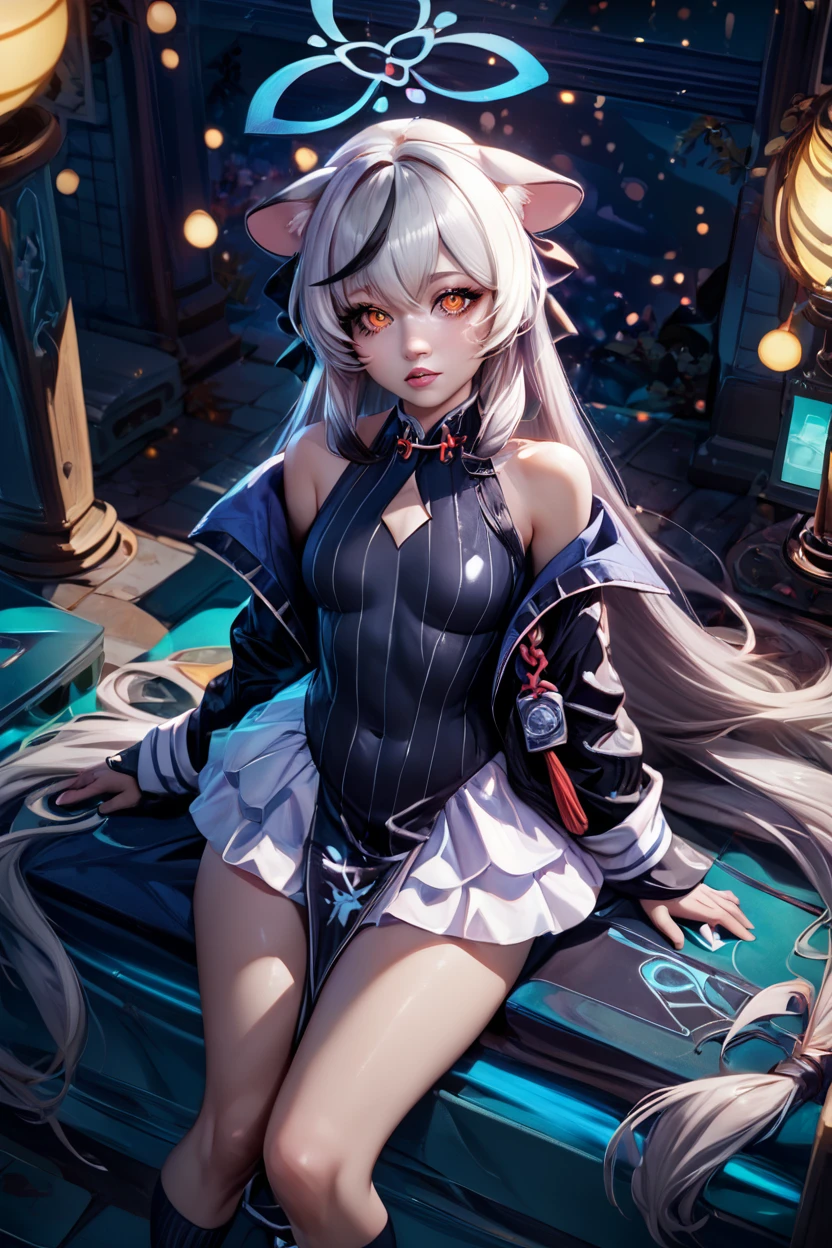 score_9, score_8_up, score_8, medium breasts, (curvy), cute, eyelashes, BREAK, , ,,, zzKokona, grey hair, long hair, multicolored hair, animal ears, streaked hair, black hair, halo, very long hair, tiger ears, orange eyes, black dress, black jacket, black socks, long sleeves, pelvic curtain, sneakers, vertical-striped clothes, diamond cutout, off shoulder, white skirt , ,<lora:Kokona_BlueArchive_PDXL_v3:0.8>, ,,,, BREAK, (ultra realistic,32k, masterpiece:1.2),(high detailed skin:1.1),( high quality:1.1), head tilt, lips, closed mouth, shiny clothes, (upper body), looking at viewer, bokeh, luminescent background, ,,, embedding:zPDXL, Expressiveh, ,,, <lora:RlAnmPDXL:1.0>,