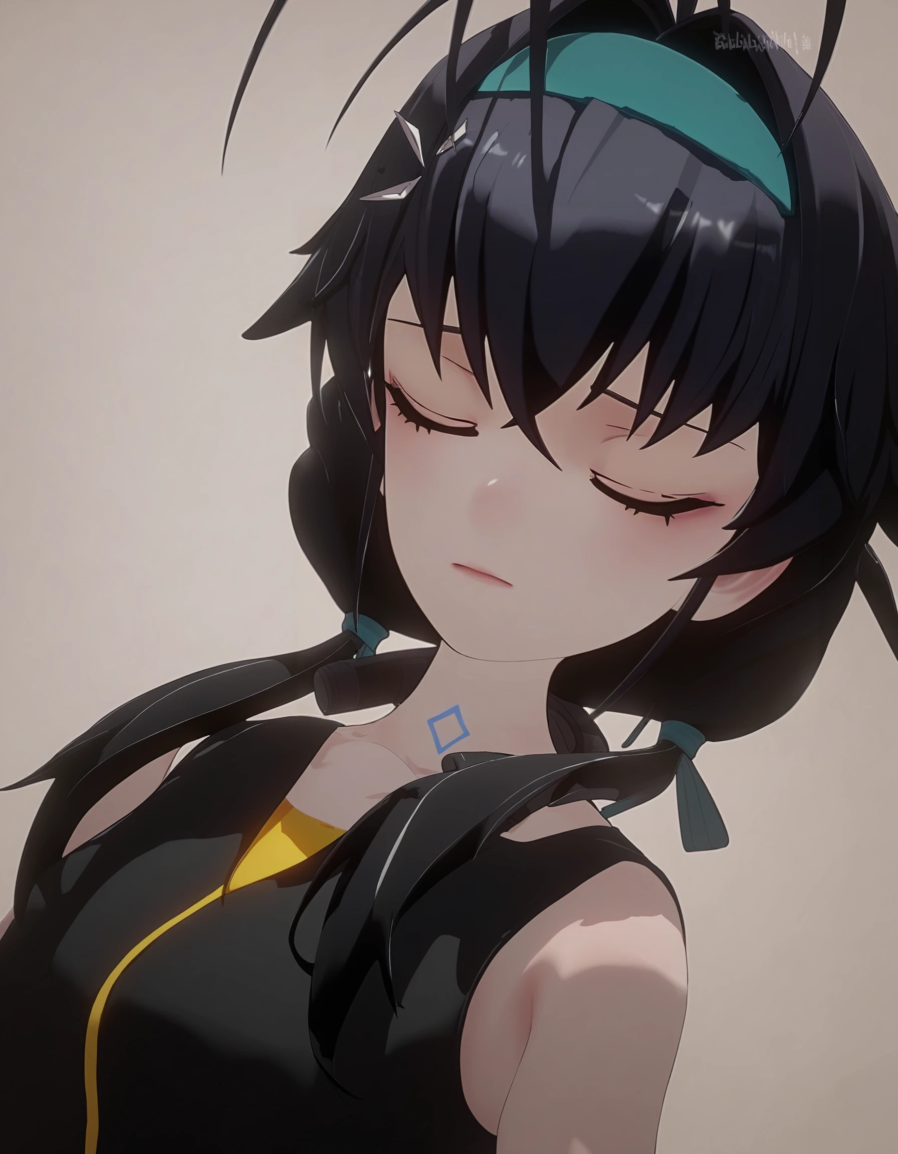 score_9,score_8_up,score_7_up,source_anime,<lora:ykzg_pony:1>,1girl,solo,black hair,twintails,closed eyes,hairband,low twintails,looking down,long hair,hair ornament,virtual youtuber,antenna hair,ahoge,black shirt,hair ribbon,ribbon,shirt,hairclip,sleeveless,