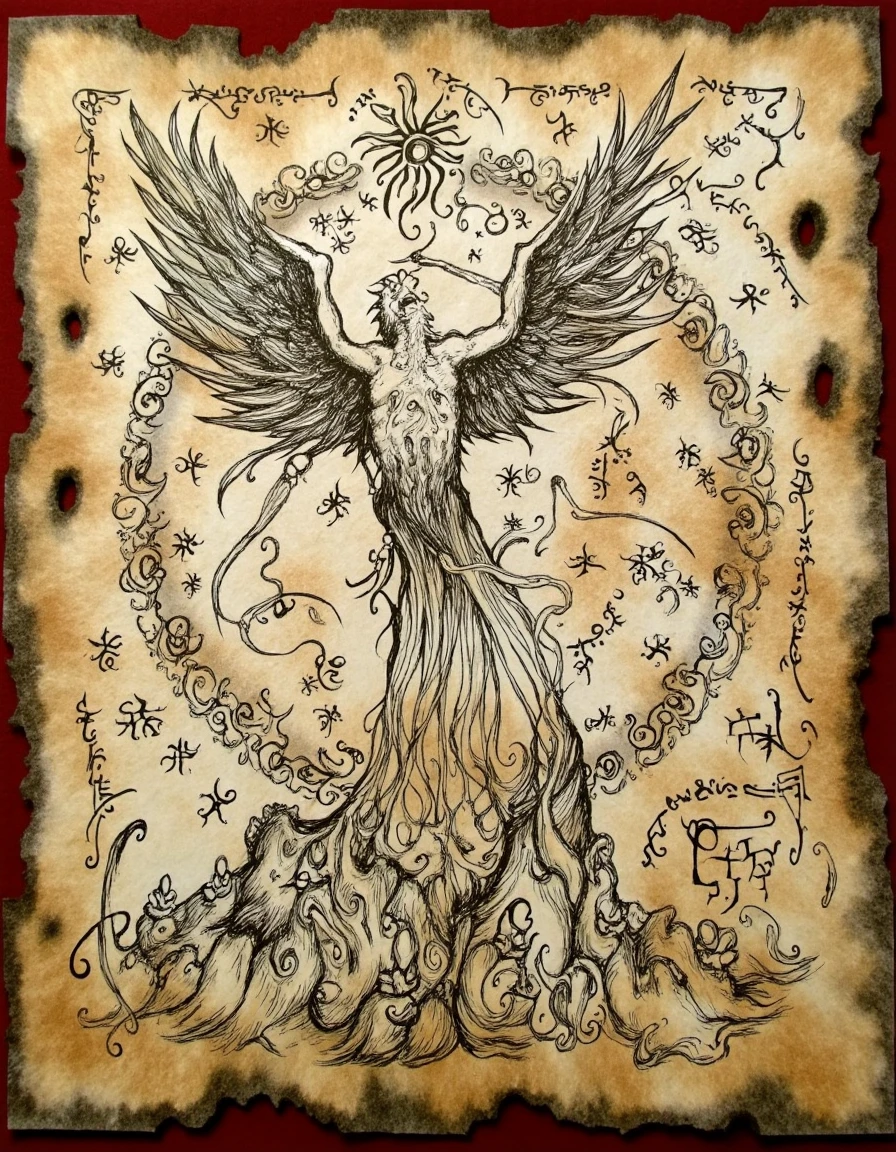 <lora:the_forbidden_book_v10_1500:1>, ncrnmcn, On a stained piece of parchment, an illustration of a phoenix rising from its ashes takes center stage. Its wings, spread wide, are adorned with flaming feathers, and its beak emits a plume of smoke. Surrounding the phoenix, symbols of fire and rebirth spiral outward, merging with the image of the ashes below. At the top, a sun symbol radiates energy, casting light over the scene. The parchment is old, with visible creases and singe marks that add to the relic-like appearance.