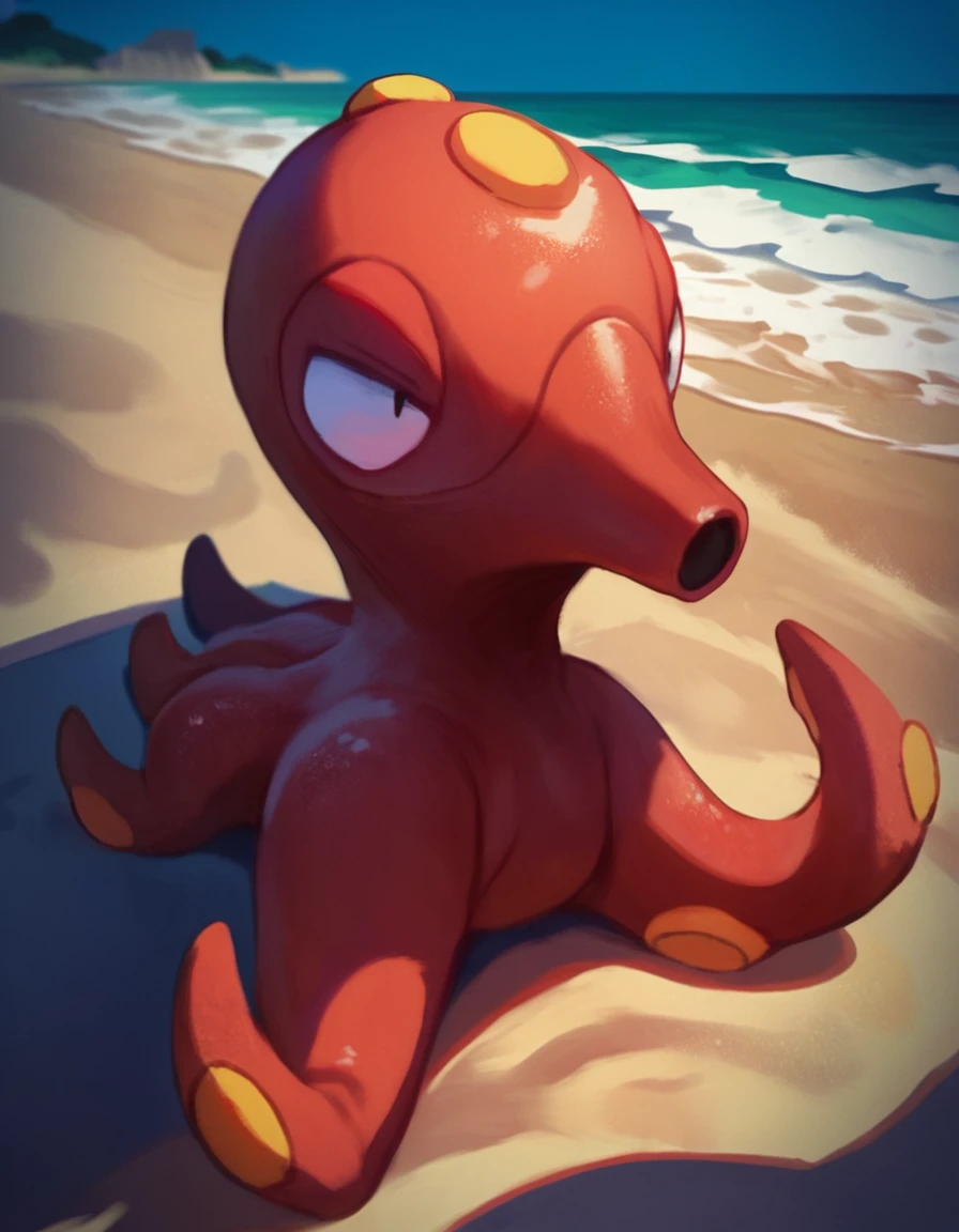 Octillery, feral, beach, red skin, tentacles, pokemon (creature), solo, no humans