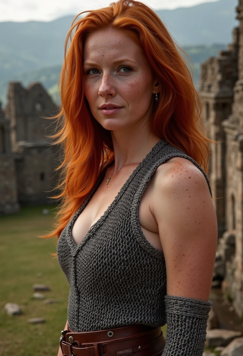 8k HDR Raw Photo of a muscular 18 year old woman with red hair and freckles. wearing medieval chainmail armor in front of an ancient medieval ruins, bare shoulders