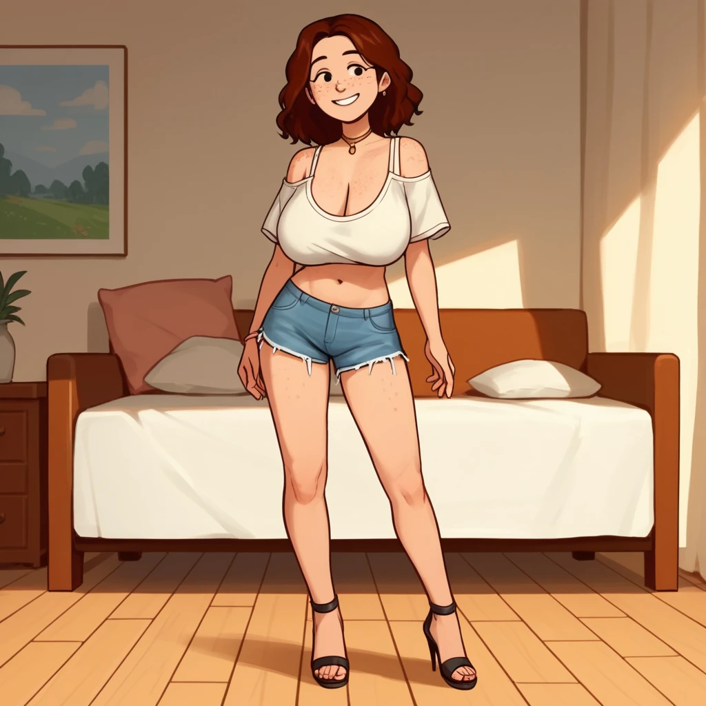 score_9, score_8_up, score_7_up, score_6_up, score_5_up,  1girl, solo, (full body),
(source cartoon),
<lora:Delilah (Storybooth):0.9> Delilah_Storybooth, woman, smile, (denim shorts, cutoff shorts), standing, midriff, navel, high heels, 18-years-old, freckles,
large breasts, sagging breasts,
indoors, black eyes,
<lora:Expressive_H:0.7> Expressiveh,
<lora:add-detail-xl:0.9>