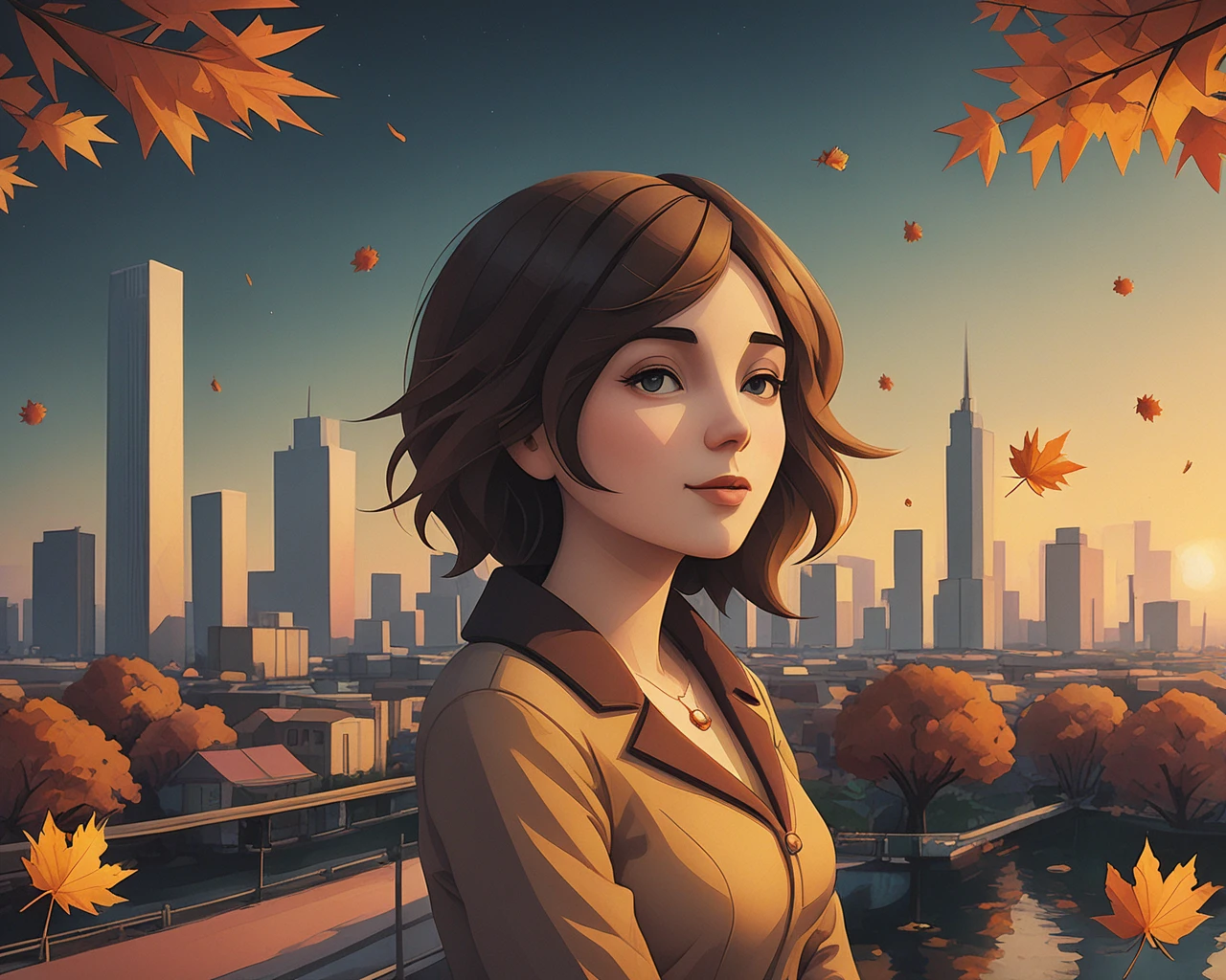 A lady in an artistic composition of falling autumn leaves, creating a cozy and warm atmosphere, with a blurred background of a sunset in the fall and distant city skyline.