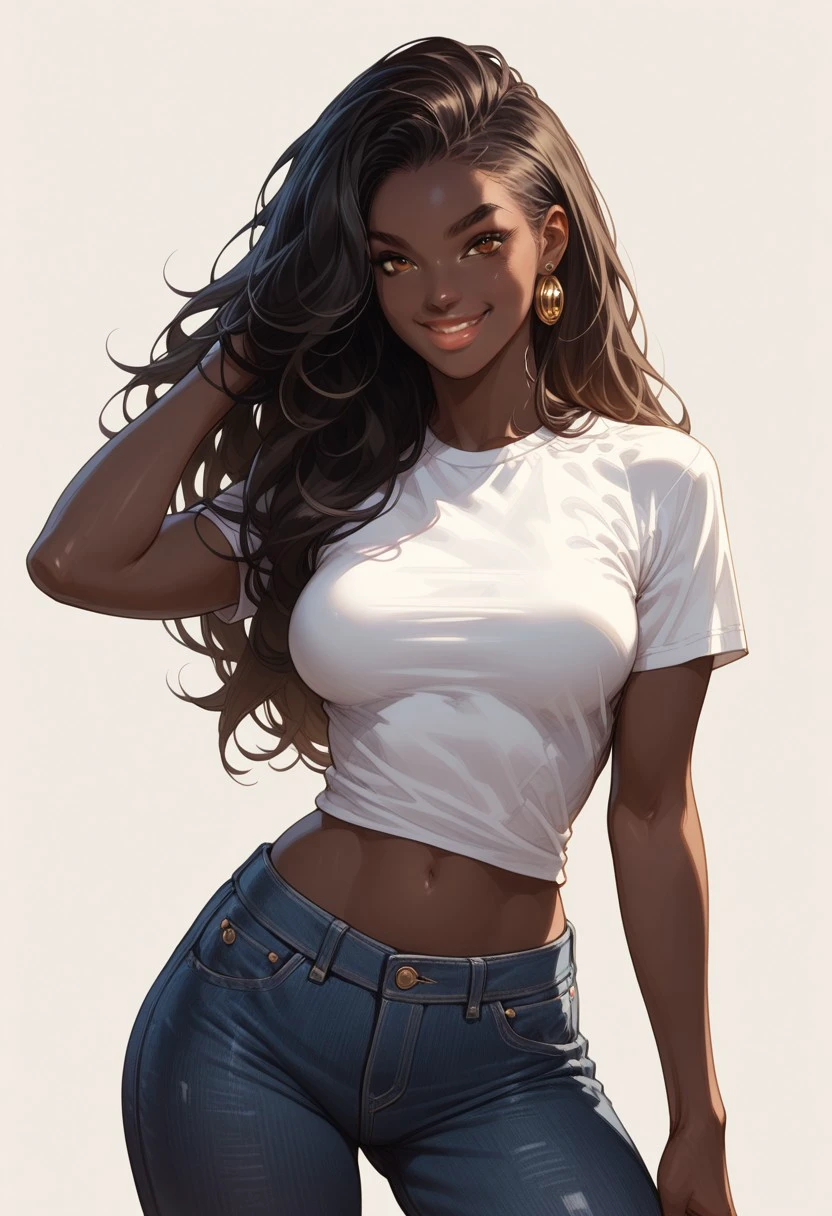 score_9, score_8_up, score_7_up, score_6_up,  , realistic, 1girl, Serena, SerenaRH, black girl, african girl, very long straight black hair, brown eyes, gorgeous lips, medium perky breasts, perfect body, large hips, fit body, thick thigs, white t-shirt, denim pants, belly exposed, dynamic pose, posing, abstract background, closeup, front view, smiling, sexy look