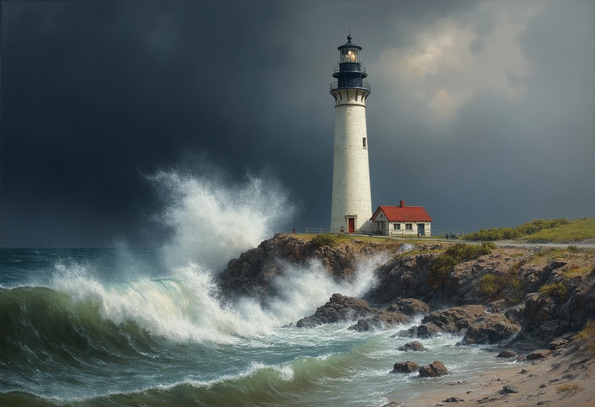 highly realistic traditional oil painting of a white lighthouse in the middle of a storm, spray, rough sea, dark sky, by Frederic Edwin Church

hrscontrast landscape